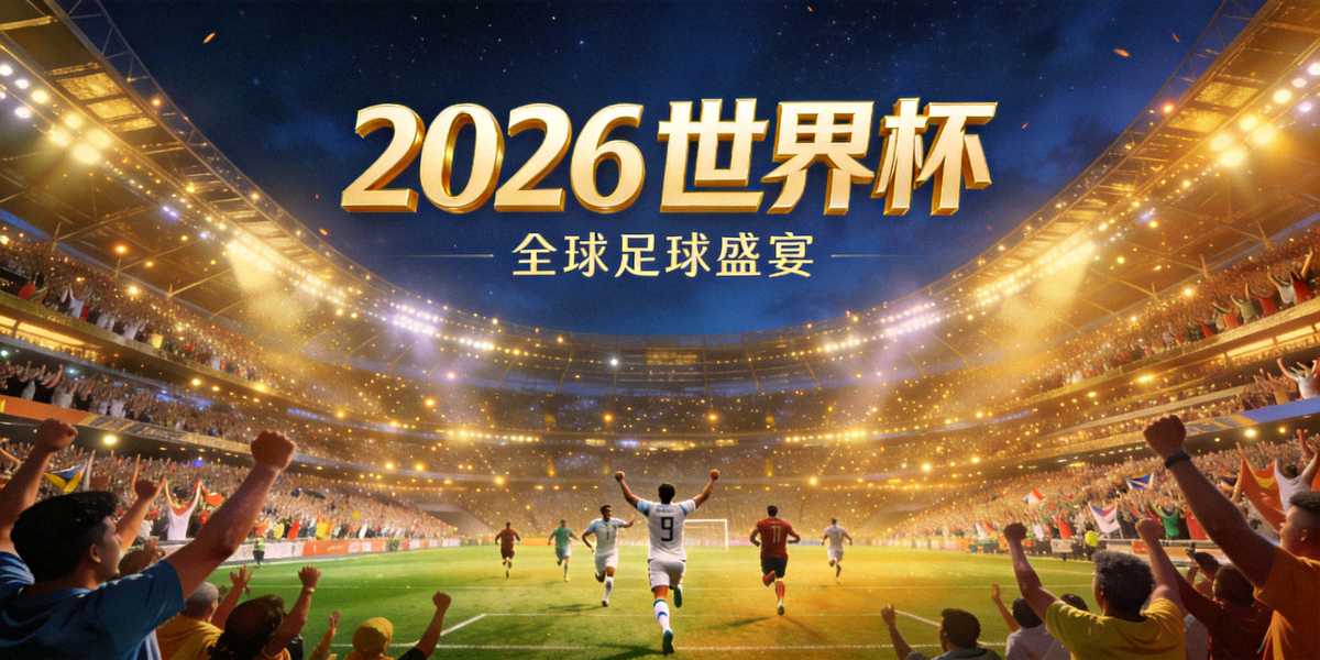 2026世界杯官方宣传图，体育场全景，球迷欢呼，灯光璀璨